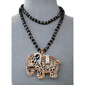 Gold Tone & Black Beaded Necklace,  Elephant Pendant 28" Chain, 2.5" x 1.5" Pend